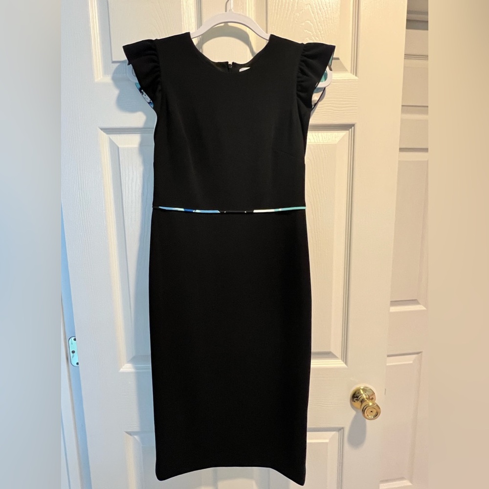 Calvin Klein Black Minimalist Ruffled Capped Sleeves Midi Dress NWT Size 6